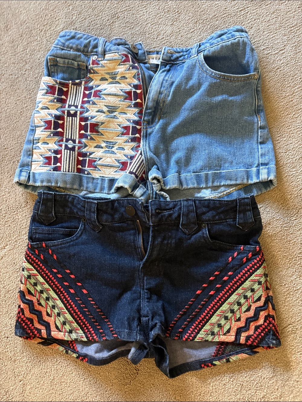 Women's Denim Shorts with Colorful Aztec Embroidery - Blue
